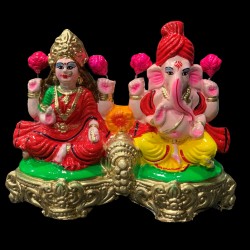 Pair of Goddess Lakshmi and Lord Ganesh Murti (Seated Together) for Diwali Pooja, Colourful Terracotta Clay Idol, 5 inches