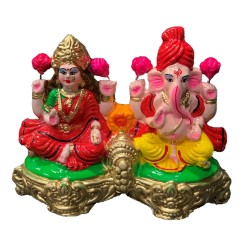 Pair of Goddess Lakshmi and Lord Ganesh Murti (Seated Together) for Diwali Pooja, Colourful Terracotta Clay Idol, 5 inches