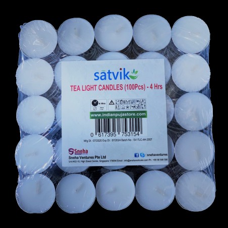 Satvik Tea light Wax Candles (100pcs, 38mm 1 1/2", Unscented), 1 Box, 4hrs Burning Candles, White tea light wax candle