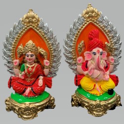 Pair of Goddess Lakshmi and Lord Ganesh Murti for Diwali Pooja (Pagadi Design), Terracotta Clay Idol, 6.5 inches