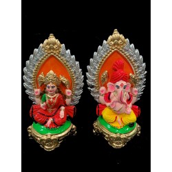 Pair of Goddess Lakshmi and Lord Ganesh Murti for Diwali Pooja (Pagadi Design), Terracotta Clay Idol, 6.5 inches
