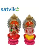 Pair of Goddess Lakshmi and Lord Ganesh Murti for Diwali Pooja (Kamal Aasan Design), Terracotta Clay Idol, 6.5 inches