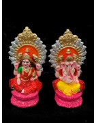 Pair of Goddess Lakshmi and Lord Ganesh Murti for Diwali Pooja (Kamal Aasan Design), Terracotta Clay Idol, 6.5 inches