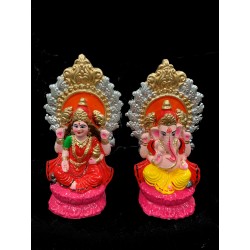 Pair of Goddess Lakshmi and Lord Ganesh Murti for Diwali Pooja (Kamal Aasan Design), Terracotta Clay Idol, 6.5 inches