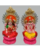 Pair of Goddess Lakshmi and Lord Ganesh Murti for Diwali Pooja (Kamal Aasan Design), Terracotta Clay Idol, 6.5 inches