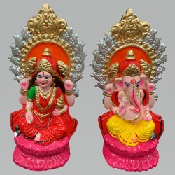 Pair of Goddess Lakshmi and Lord Ganesh Murti for Diwali Pooja (Kamal Aasan Design), Terracotta Clay Idol, 6.5 inches