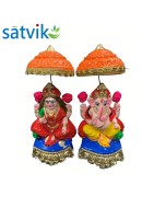 Pair of Goddess Lakshmi and Lord Ganesh Murti for Diwali Pooja (Chhatari Design), Terracotta Clay Idol , 7 inches