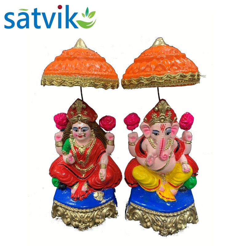 Pair of Goddess Lakshmi and Lord Ganesh Murti for Diwali Pooja (Chhatari Design), Terracotta Clay Idol , 7 inches