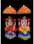 Pair of Goddess Lakshmi and Lord Ganesh Murti for Diwali Pooja (Chhatari Design), Terracotta Clay Idol , 7 inches