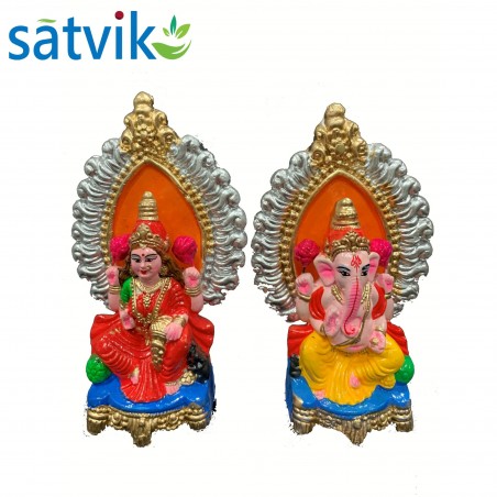 Pair of Goddess Lakshmi and Lord Ganesh Murti for Diwali Pooja, Terracotta Clay Idol, 6 inches