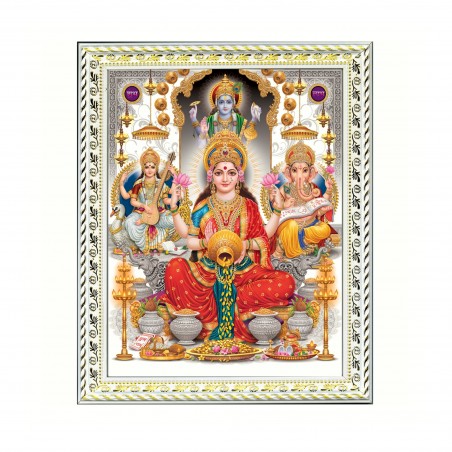 Satvik Goddess Maha Lakshmi, Ma Saraswati, Lord Ganesha & Lord Vishnu Designer White Photo Frame for Diwali Puja