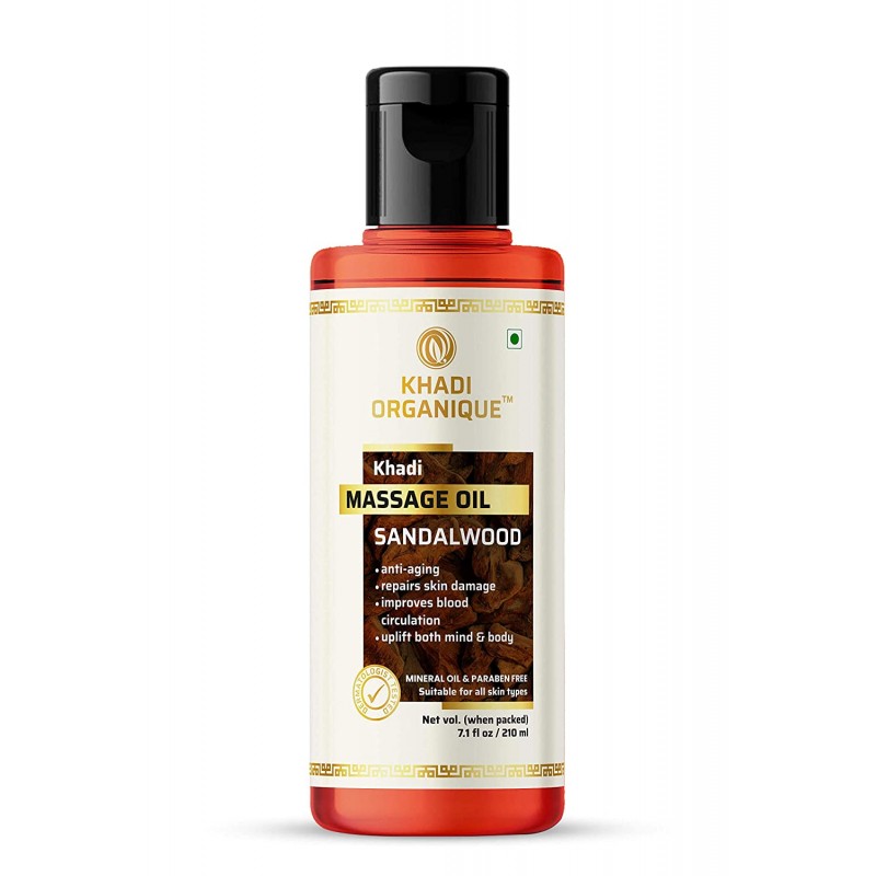 Khadi Organique Natural Sandalwood Massage Oil, 210ml- Nourishes Deeply & Moisturizes Skin, Releases Stress