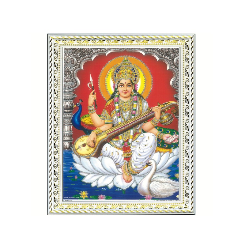 Satvik Goddess Saraswati, Designer White Photo Frame (3) for Pooja, Prayer & Decor 25.2*34cms (A4)