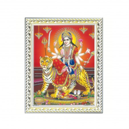 Satvik Goddess Durga Ma Sherawali, Ma Ambe Designer White Photo Frame (2) for Pooja, Prayer & Decor (17*22cms)