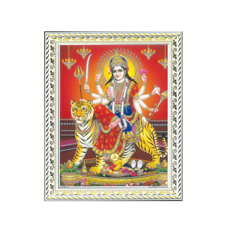 Satvik Goddess Durga Ma Sherawali, Ma Ambe Designer White Photo Frame (2) for Pooja, Prayer & Decor 25.2*34cms (A4)
