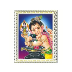 Satvik Bal Ganesha, Lord Ganesha With Shiva Linga Designer White Photo Frame (6) for Pooja, Prayer & Decor 25.2*34cms (A4)