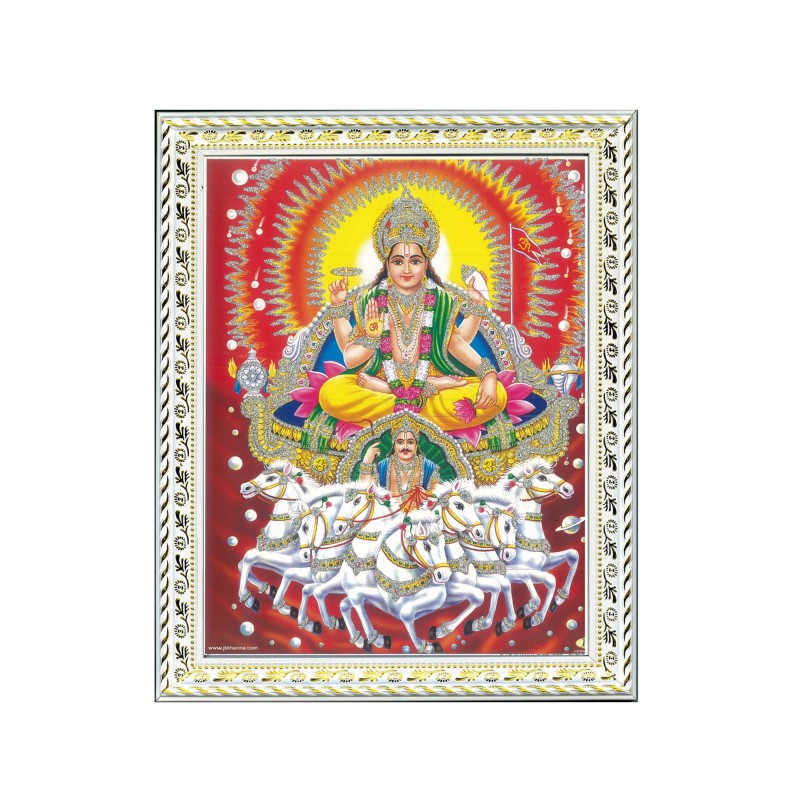 Satvik God Surya Dev, Sun God Designer White Photo Frame for Pooja, Prayer & Decor (25.2*34cm- A4)