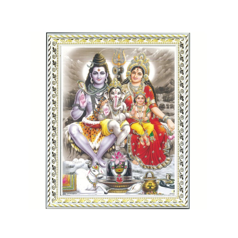 Satvik Lord Shiva, Mata Parvati, Lord Karthik & Lord Ganesha Designer White Photo Frame (3) for Pooja, Prayer & Decor (17*22cms)