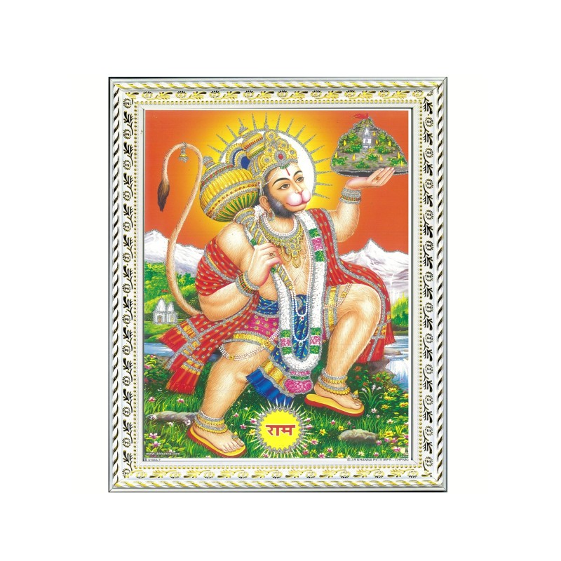 Satvik Lord Hanumanji Flying with Dronagiri Mountain With Orange Background, Designer White Photo Frame (17*22cms)