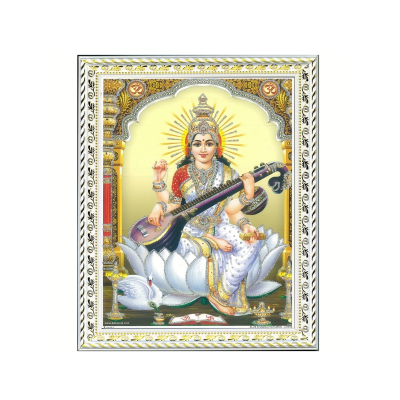 Satvik Goddess Saraswati, Designer White Photo Frame (2) for Pooja, Prayer & Decor (17*22cms)