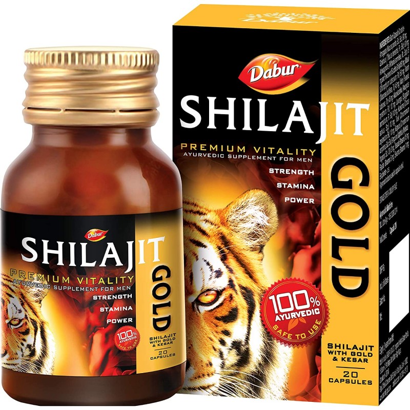 Dabur Shilajit Gold Premium Vitality Ayurvedic Supplement For Men, 20 Capsules For Strength, Stamina & Power