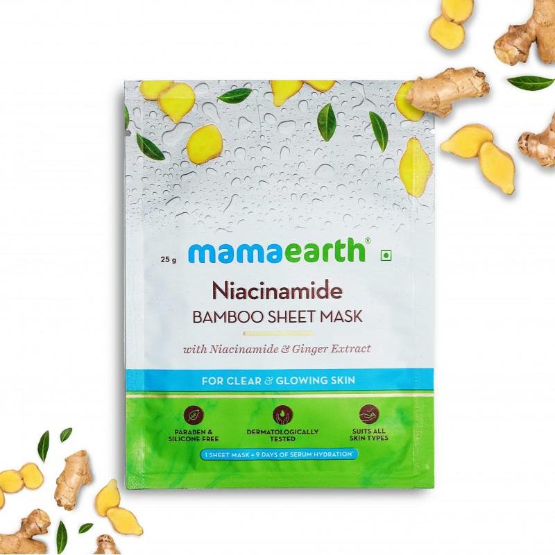 Mamaearth Niacinamide Bamboo Sheet Mask, Pack Of 2 (25g Each), With Niacinamide & Ginger Extract, For Clear & Glowing Skin