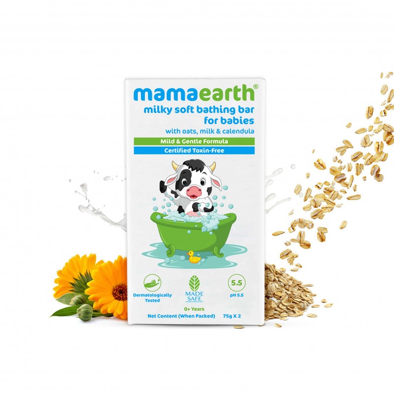Mamaearth Milky Soft Bathing Bar For Babies, Pack of 2 (75g Each), With Oats, Milk & Calendula, Mild & Gentle Formula