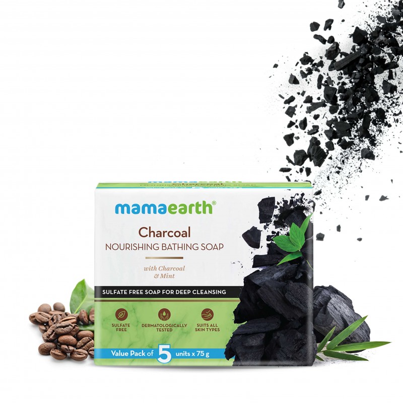 Mamaearth Charcoal Nourishing Bathing Soap, Pack of 5 (75g Each), With Charcoal & Mint, Sulfate Free Soap For Deep Cleansing