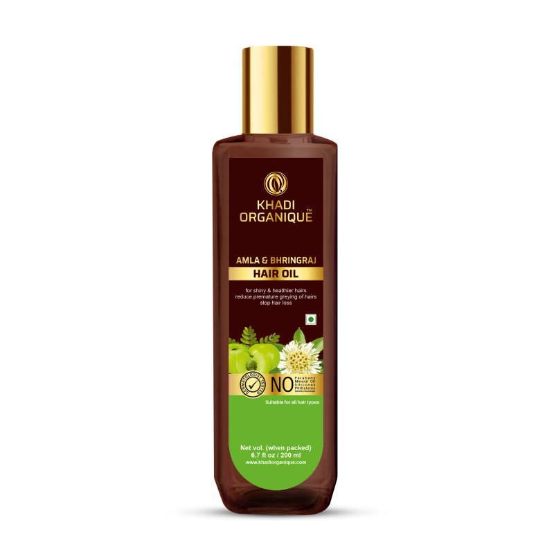 Khadi Organique Amla & Bhringraj Hair Oil, 200ml- For Shiny & Healthier Hair, Reduces Premature Greying, For All Hair Types