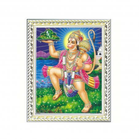 Satvik (New) Lord Hanumanji Flying with Dronagiri Mountain With Blue Background, Designer White Photo Frame For Puja (17*22cms)