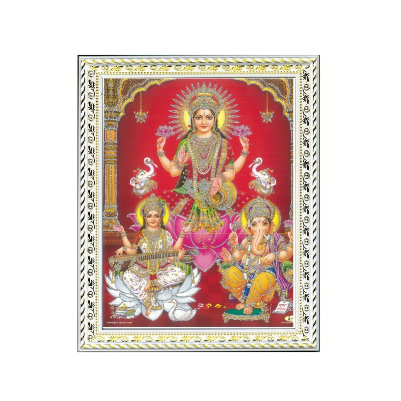 Satvik (New) Goddess Maha Lakshmi, Ma Saraswati and Lord Ganesha Designer White Photo Frame (6) for Diwali Pooja (17*22cms)
