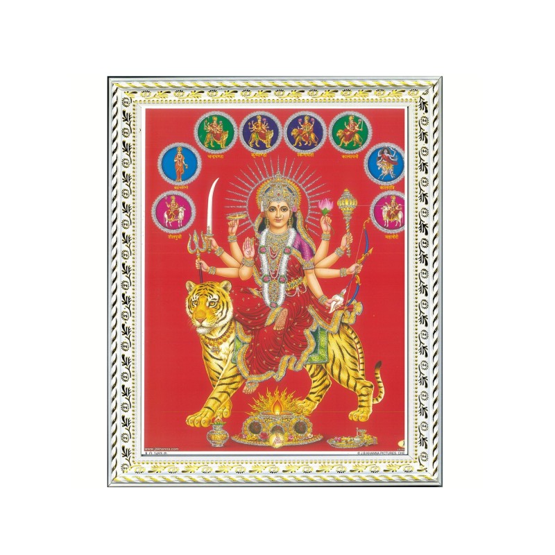 Satvik Goddess Durga Ma Sherawali, Ma Ambe Designer White Photo Frame (1) With Her 9 Forms for Pooja, Prayer & Decor (17*22cms)