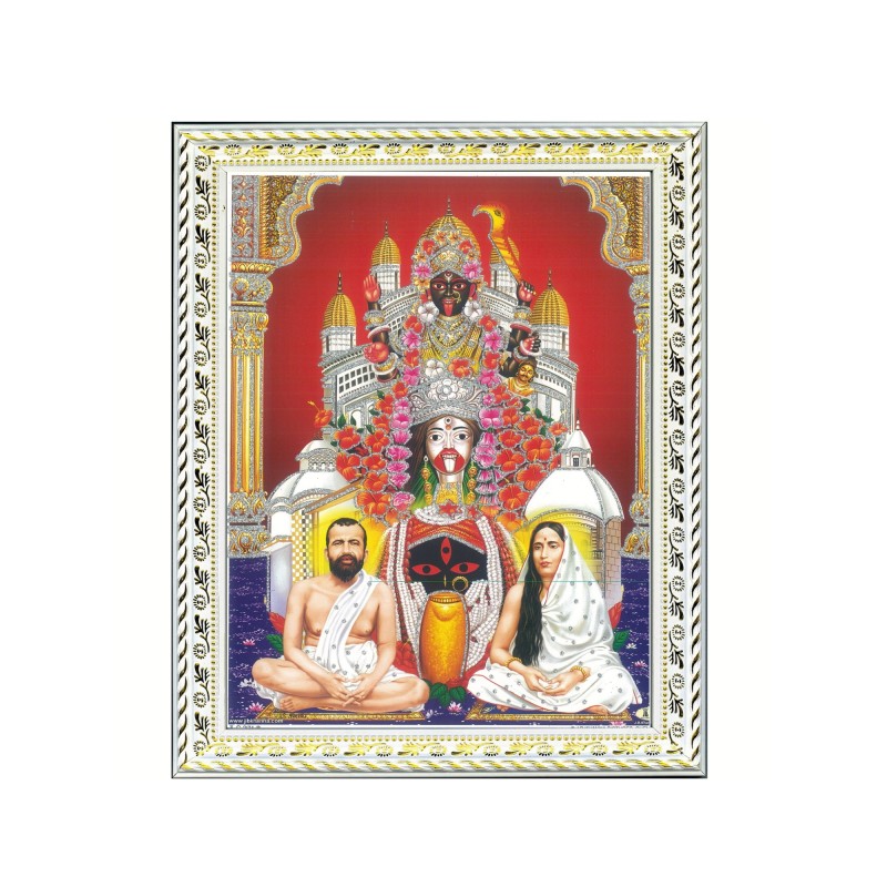 Satvik Goddess Kali Ma With Ramkrishna & Sarada Devi Designer White Photo Frame for Pooja, Prayer & Decor (17*22cms)