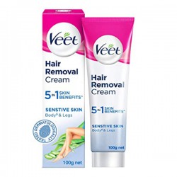 Veet Hair Removal Cream 5 In 1 Skin Benefits, 100g For Sensitive Skin (Body & Legs) With Aloe Vera & Vitamin E