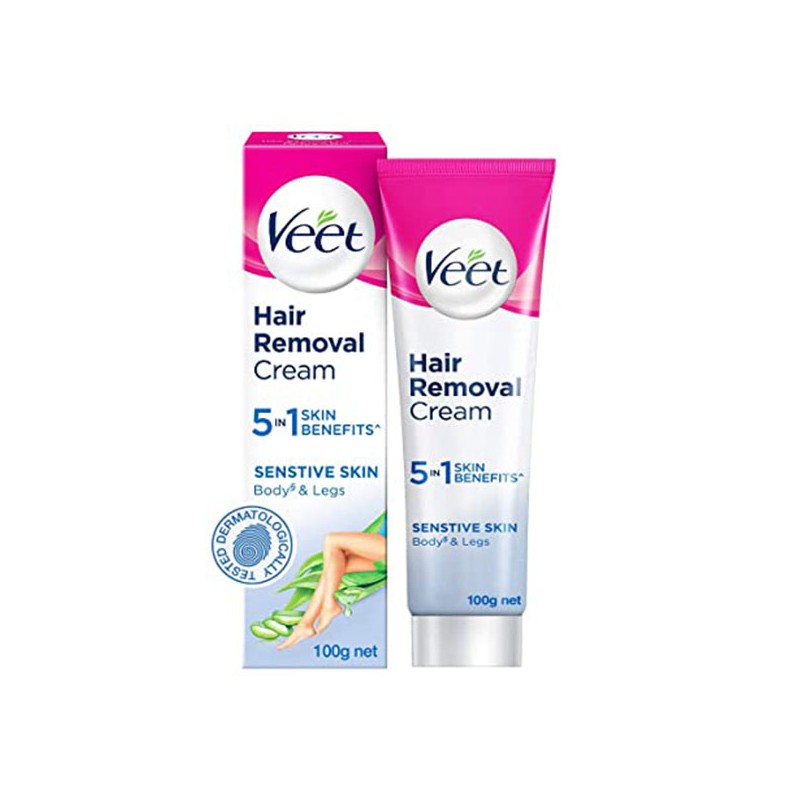 Veet Hair Removal Cream 5 In 1 Skin Benefits, 100g For Sensitive Skin (Body & Legs) With Aloe Vera & Vitamin E