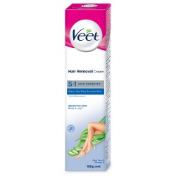 Veet Hair Removal Cream 5 In 1 Skin Benefits, 100g For Sensitive Skin (Body & Legs) With Aloe Vera & Vitamin E