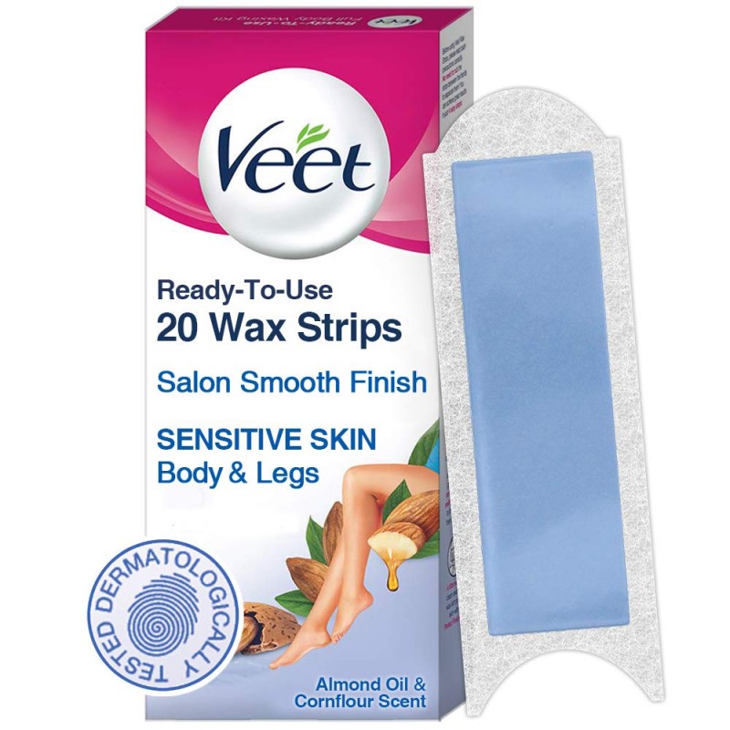 Veet Ready to Use Wax Strips Full Body Waxing Kit - Sensitive Skin, 20 Strips