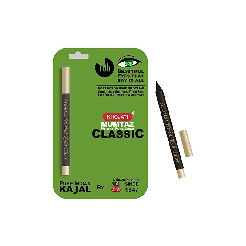 Khojati Mumtaz Herbal Kohl Liner Classic Pure Indian Kajal, 1g- Lasts Upto 10Hrs, Does Not Smudge Or Streak