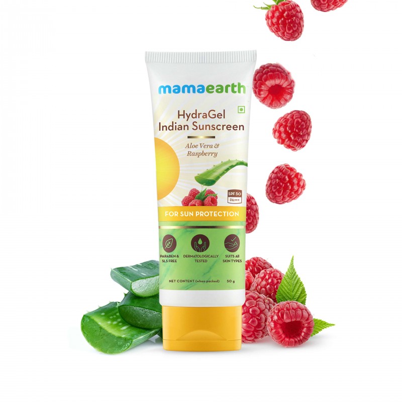 Mamaearth HydraGel Indian Sunscreen With Aloevera & Raspberry, 50g For Sun Protection With SPF 50 PA+++