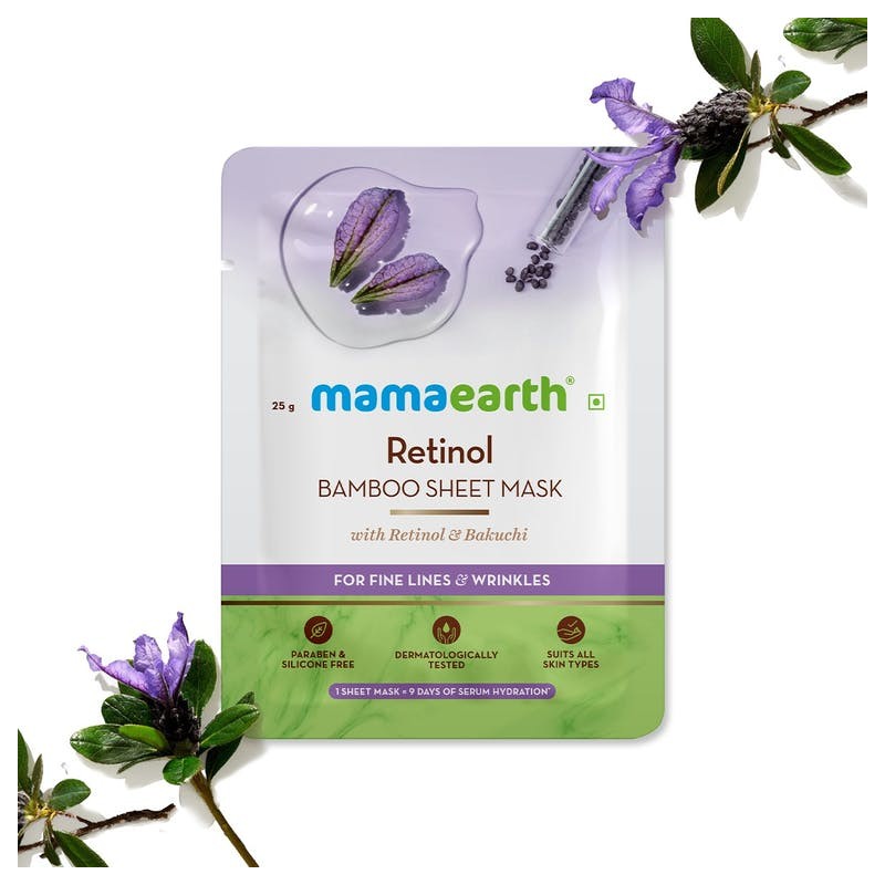 MamaEarth Retinol Bamboo Sheet Mask With Retinol & Bakuchi, Pack Of 2 (25g Each) For Fine Lines & Wrinkles