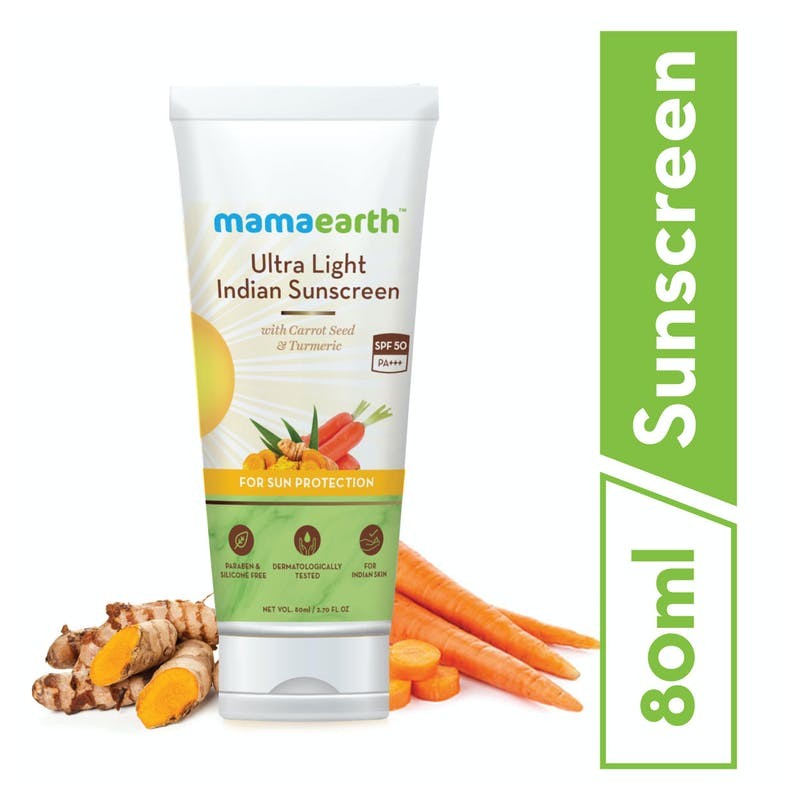 MamaEarth Ultra Light Indian Sunscreen With Carrot Seed & Turmeric, 80g For Sun Protection