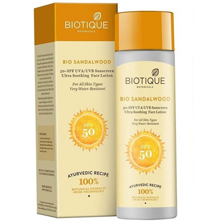 Biotique Bio Sandalwood 50+ SPF UVA/UVB Sunscreen Ultra Soothing Face Lotion, 120ml (Water Resistant)