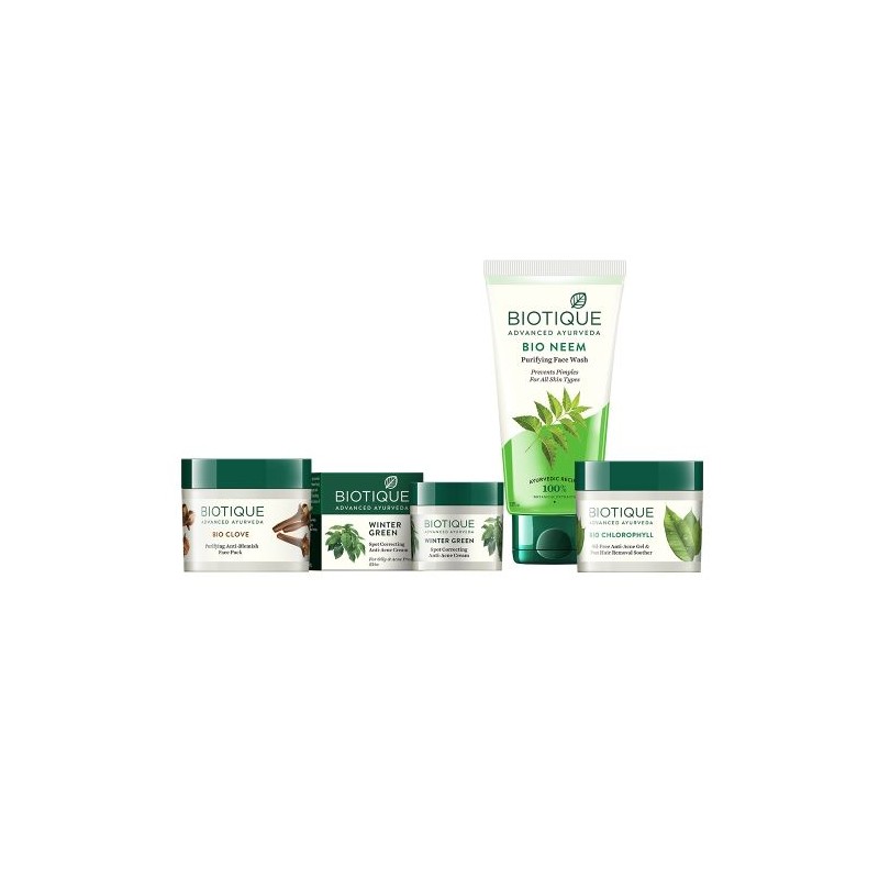 Biotique Bio Clove Face Pack 75g, Bio Neem Face Wash 150ml, Bio Winter Green Cream 15g & Bio Chlorophyll Anti Acne Gel 50g