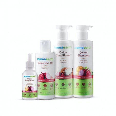 Mamaearth Essential Anti-Hair Fall Kit: Onion Scalp Serum (50ml), Hair Oil (150ml), Shampoo & Conditioner (250ml Each)