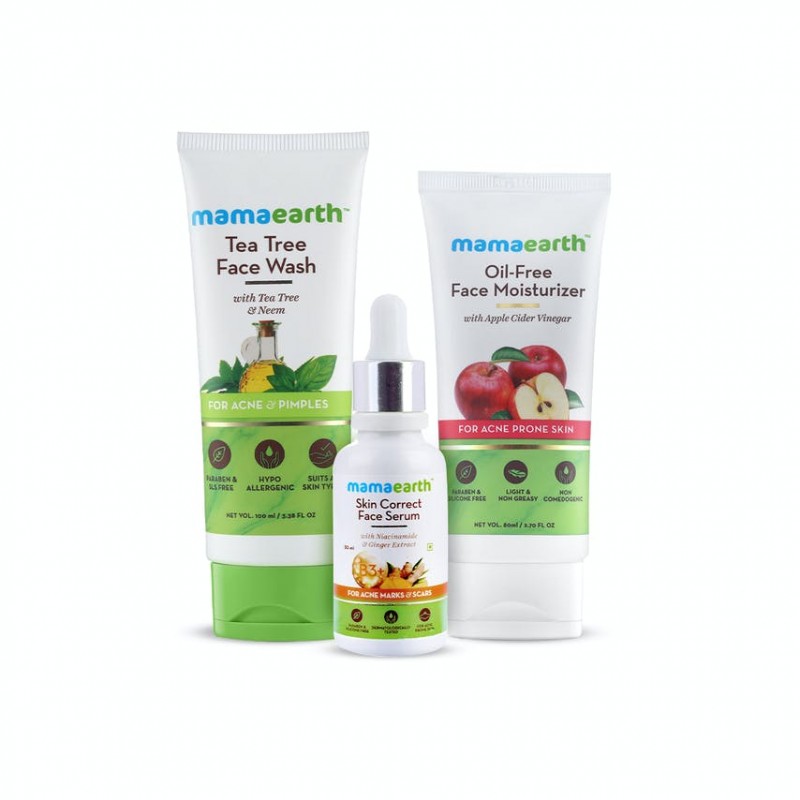 Mamaearth Acne Marks Reduction Kit: Tea Tree Face Wash (100ml), Skin Correct Face Serum (30ml), Oil-Free Face Moisturizer (80g)
