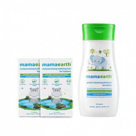 Mamaearth Combo Of Moisturizing Bathing Bar (Pack of 2, 75g Each) & Gentle Cleansing Shampoo 200ml For Babies