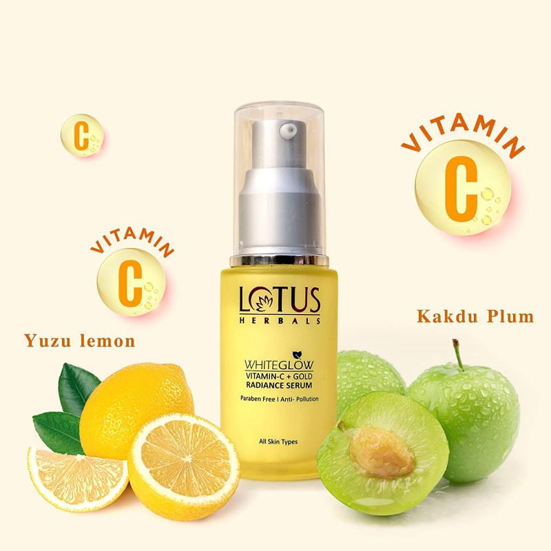 Lotus Herbals WhiteGlow Vitamin C and Gold Radiance Face Serum | For Dull & Dry Skin | Brightening & Hydrating | 30ml, Yellow