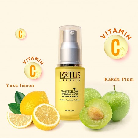 Lotus Herbals WhiteGlow Vitamin C and Gold Radiance Face Serum | For Dull & Dry Skin | Brightening & Hydrating | 30ml, Yellow