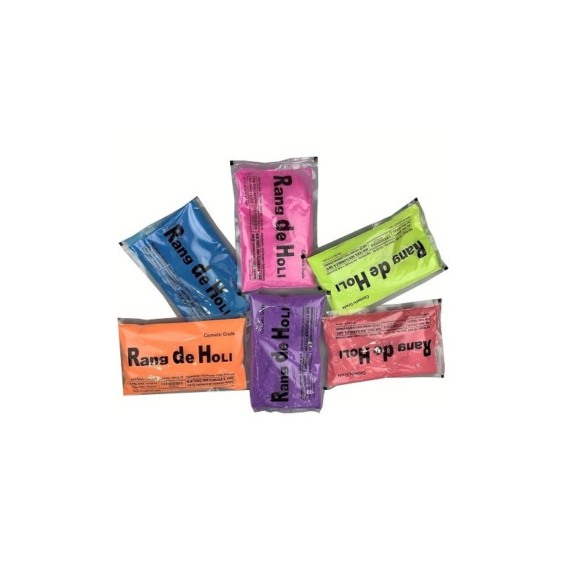 Rang De holi Color Powder (Gulal), 600g (6 Colors). 100g packets of red, pink, green, yellow, orange & blue.