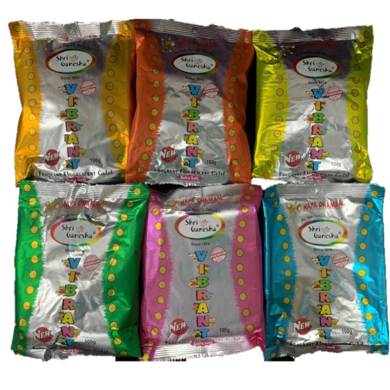 Shri Ganesha Fluorescent Holi Color Powder (Gulal), Vibrant Colors